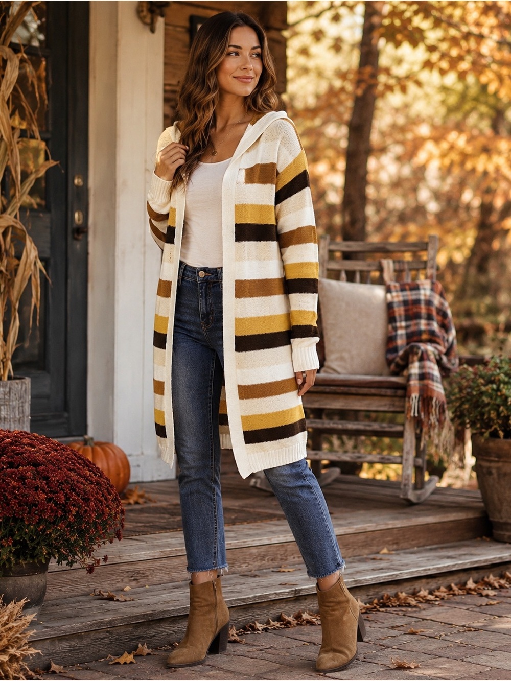 Evelyn Taylor Hooded Striped Open Front Cardigan Sweater Small Fall Boho Cozy